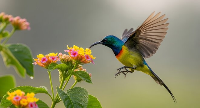 Vibrant Sunbird Hovering Above Colorful Lantana Flowers in a Lush Tropical Garden