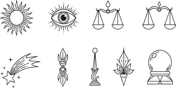 Mystical Boho Occult Icon Set with Sun, Evil Eye, Balance Scale, Comet, Crystal Ball, and Magic Elements for Spiritual Design