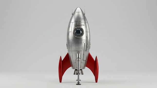 A silver spaceship with red fins and a black cockpit window stands on a launchpad in a gray environment.