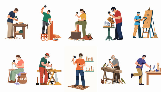 Flat vector illustration of diverse woodworkers and artisans carving wooden figures, masks, and objects using chisels and mallets in various workshops.