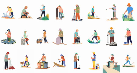 Fototapeta premium Large collection of flat vector characters participating in beach cleanup, plastic waste collection, and ocean conservation activities to protect the environment.