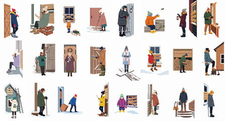 Collection of Diverse People in Winter Survival and Remote Cabin Scenarios Featuring Boarded-up Houses and Cold Weather Activities © james