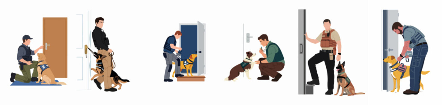 Collection of diverse service dog and handler training scenarios featuring police, search and rescue, and obedience exercises in flat vector style.