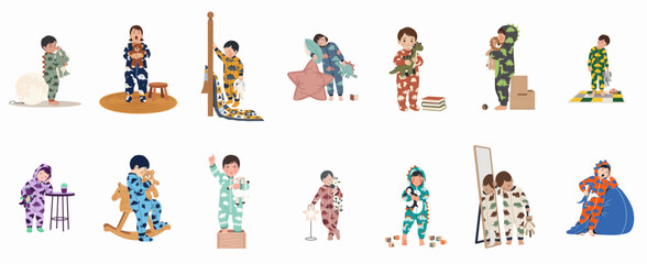 Cute Collection of Sleepy Toddlers in Animal Pajamas with Stuffed Toys for Bedtime Vector Illustration Set