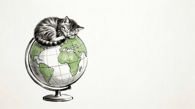 Ink and watercolor illustration of a kitten sleeping on a globe