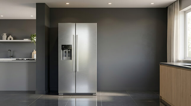 Modern kitchen interior with a stainless steel refrigerator and wooden counter near a window