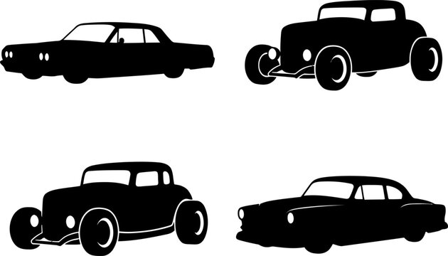 Set of classic american cars and hot rods silhouettes. collection features vintage automobiles, custom builds, and retro designs, perfect for enthusiasts.