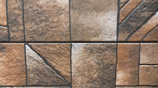 Terracotta patchwork stone tile texture, brown geometric mosaic ceramic background for interior design
