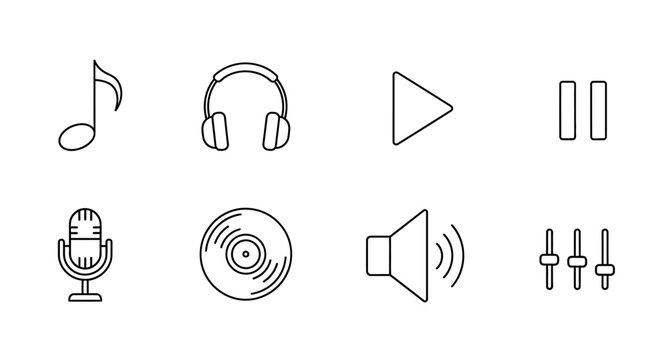 Music icons set headphones microphone cd play pause volume and notes