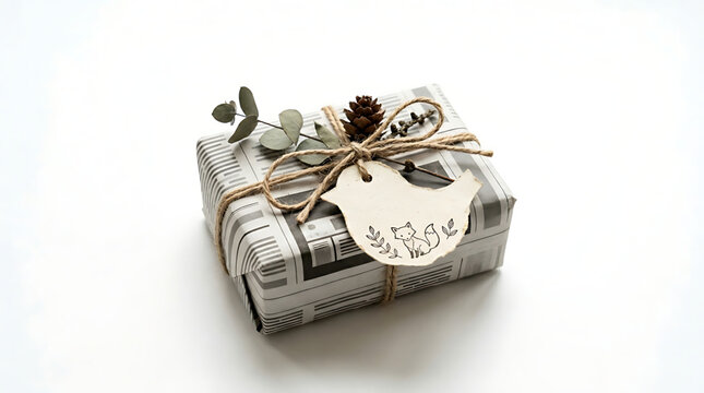 Gift box wrapped in newspaper style paper with a bird shaped tag and pinecone