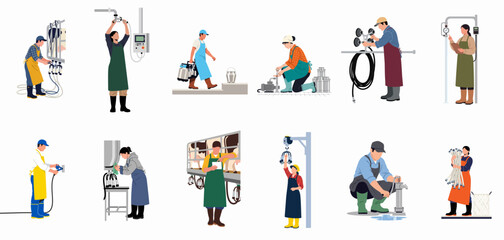 Fototapeta premium Set of dairy farm workers and agricultural staff performing various tasks such as milking, cleaning, and maintenance in a flat illustration style.