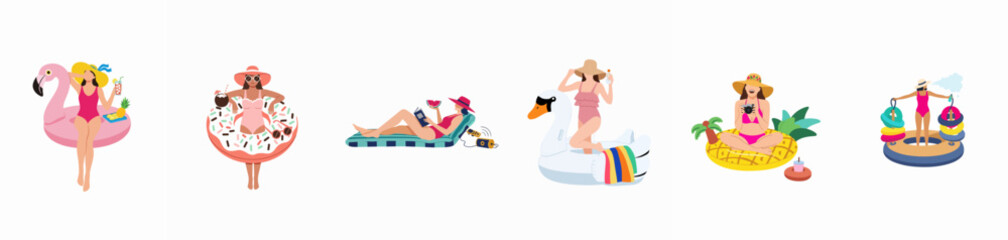 Collection of women in swimsuits and sun hats relaxing on various inflatable pool floats during summer vacation, flat vector illustration set.