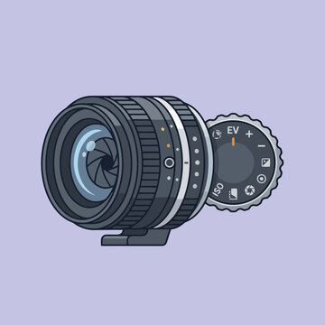 A professional camera lens and mode dial on a purple background