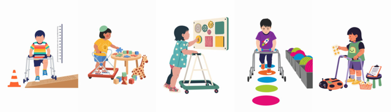 Illustrations of diverse children using walkers while participating in physical and occupational therapy activities to improve their mobility and developmental skills.