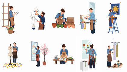 Fototapeta premium Set of creative artisans and professionals engaged in various crafts, interior design, and artistic projects, featuring diverse activities in a flat vector style.