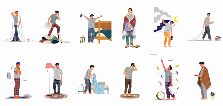Set of illustrations depicting men experiencing insomnia, sleep deprivation, exhaustion, and morning fatigue in various relatable everyday situations.