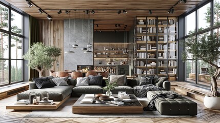 Obraz premium Modern Luxury Living Room with Large Sectional Sofa, Fireplace, Bookshelves, and Natural Light