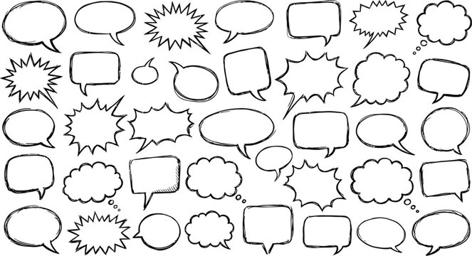 Hand drawn speech bubbles set comic book style dialogue boxes thought balloons and text blurbs