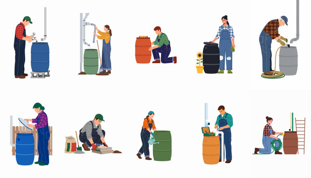 Set of flat illustrations showing people installing, maintaining, and using rain barrels for sustainable water collection and gardening.