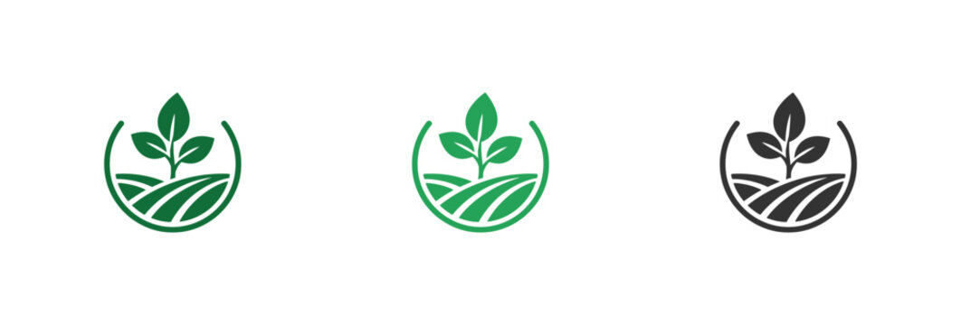 Set of agriculture and farming logo icons featuring a growing plant sprout in a circular field.