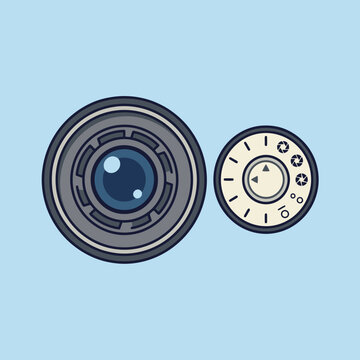 A minimalist illustration of a camera lens and control dial