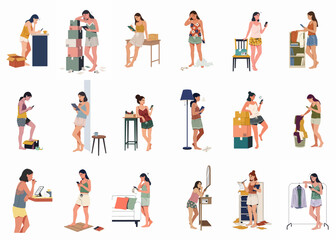 Fototapeta premium Collection of illustrations featuring young women dealing with online shopping, deliveries, and returns using their smartphones and tablets at home in pajamas.