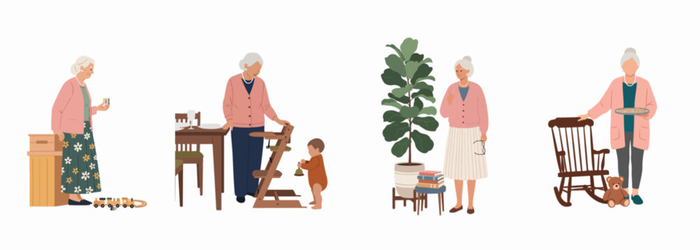 Set of flat vector illustrations depicting a grandmother's daily life at home, featuring activities like playing, childcare, reading, and baking cookies.
