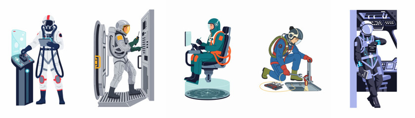 Vector illustration set featuring diverse astronauts performing various tasks aboard a spacecraft, including piloting, maintenance, and communications, isolated on white background. © Mary