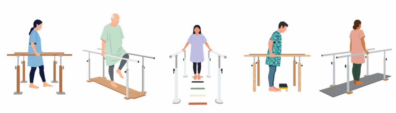 Diverse group of patients performing walking and mobility exercises between parallel bars during physical therapy and rehabilitation sessions.