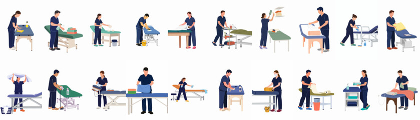 Fototapeta premium Flat illustration collection of medical staff and therapists cleaning, disinfecting, and preparing examination tables, massage beds, and healthcare equipment in a professional setting.