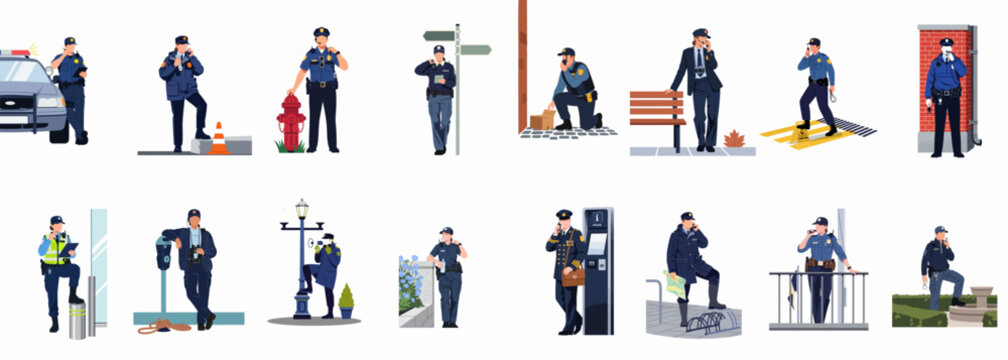 Flat Vector Illustrations of Police Officers in Different Uniforms and Working Scenarios on Patrol and Security Duty in a City Environment