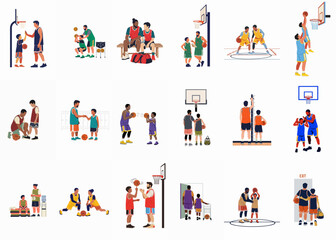 Fototapeta premium A collection of flat vector illustrations depicting various stages of a basketball coach or father training a young boy on a court.