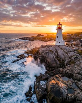 Peggy's Point Lighthouse Nova Scotia Aerial Drone Sunset Landscape.