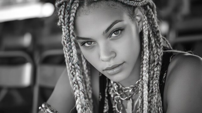 Close-up portrait of a woman with intricate braids.