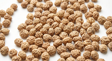 Fototapeta premium Raw Dried Tigernuts Scattered on White Background Macro