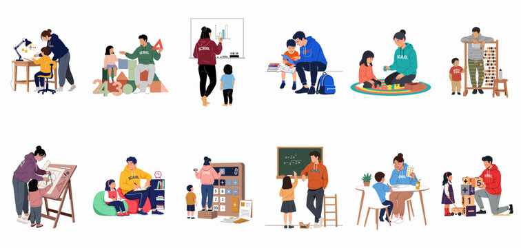 Set of vector illustrations showing parents and teachers helping children with math, homework, and various educational activities in a flat style.