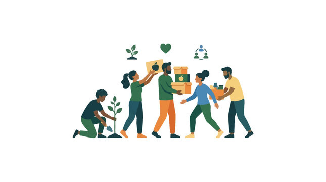 Diverse Group of Volunteers Planting Trees and Carrying Donation Boxes.