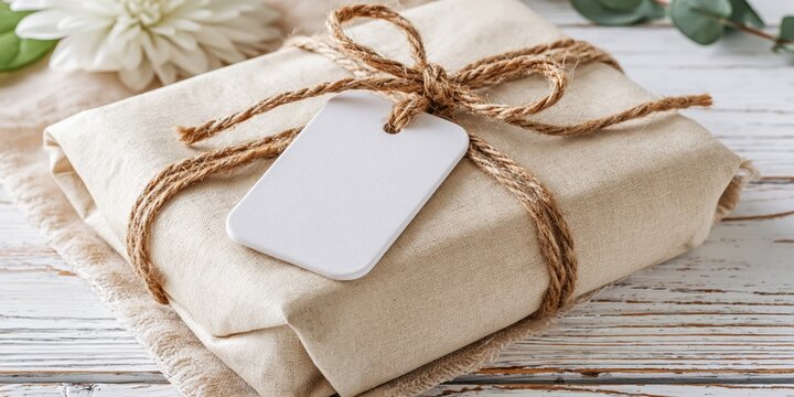 Simple Kraft Paper Gift Box Tied with Twine and Blank Tag, Rustic Elegant Presentation