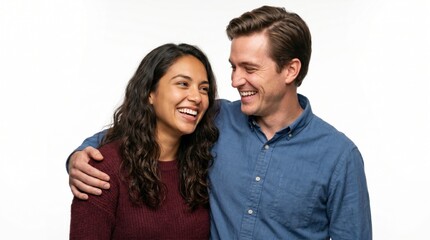 Fototapeta premium Happy couple laughing together with arms around shoulders in studio lighting against a white background