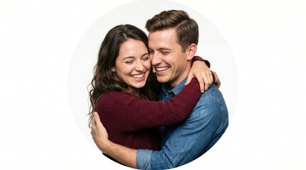 Fototapeta premium Happy young couple embracing with joy during a studio portrait session against a clean white background