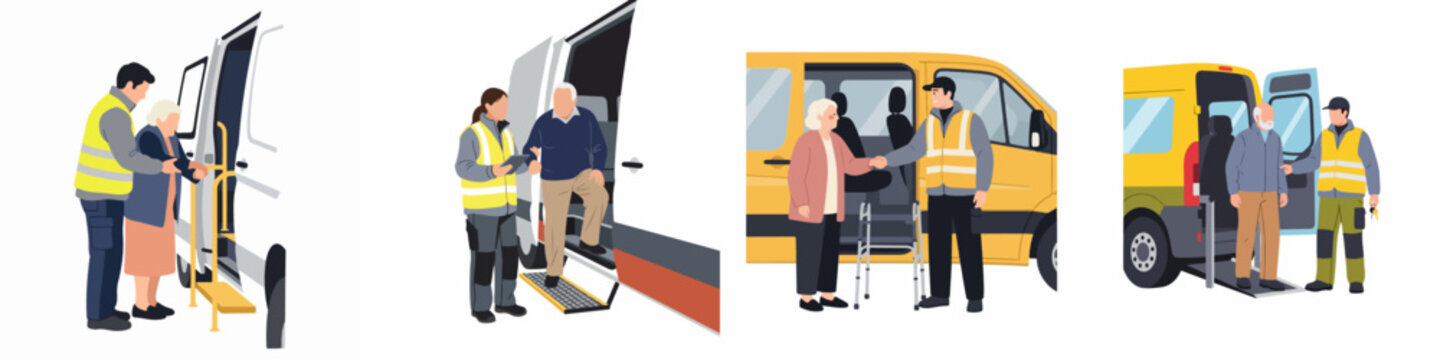 Set of illustrations depicting elderly people using accessible transportation services with the assistance of professional care workers and specialized van equipment.