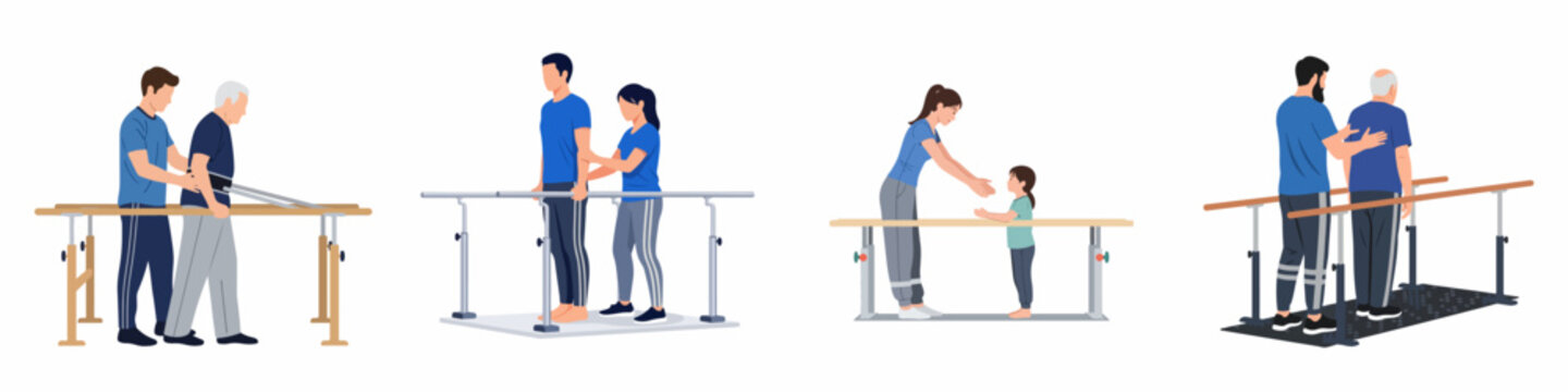 A set of diverse individuals of different ages practicing walking and movement exercises on parallel bars with the help of professional therapists.