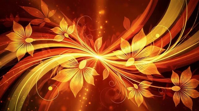 Glowing floral background with golden light trails. Abstract flower pattern for Ganesh Chaturthi celebration. Festive ornamental design for holiday greeting card.