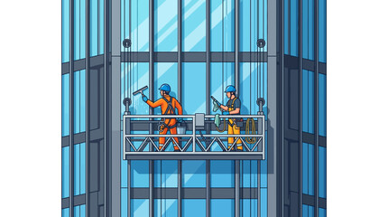 Obraz premium Professional Window Cleaners on Suspended Platform Cleaning Glass Skyscraper Facade Vector Illustration