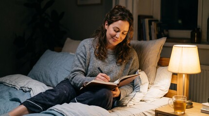 Woman writing in journal on bed at night with warm lamp light and cup of tea