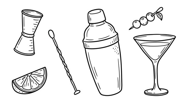 Cocktail Making Tools: Shaker, Jigger, Muddler, Garnish, Martini Glass - Line Art