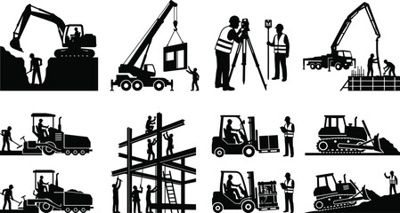 Obraz premium Construction Workers and Heavy Equipment Silhouette Set with Excavator Crane Forklift and Bulldozer