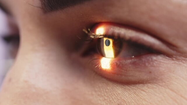 Close-up view of a woman's eye being examined with a slit lamp, showcasing the detailed reflection and illumination of the iris and pupil in a clinical setting
