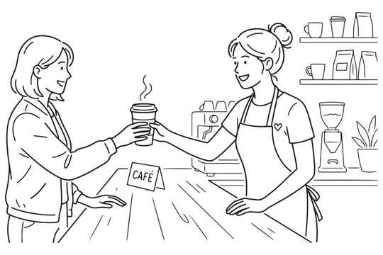 Woman receiving a steaming cup of coffee from a barista at a cafe
