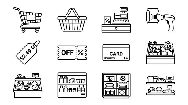 Grocery Shopping Icons Set: Cart, Basket, POS, Scanner, Tag, Coupon, Card, Produce, Deli, Shelves